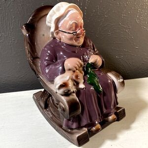 Retirement Fund Ceramic Bank Old Lady Knitting Rocking Chair with Cat Grannycore